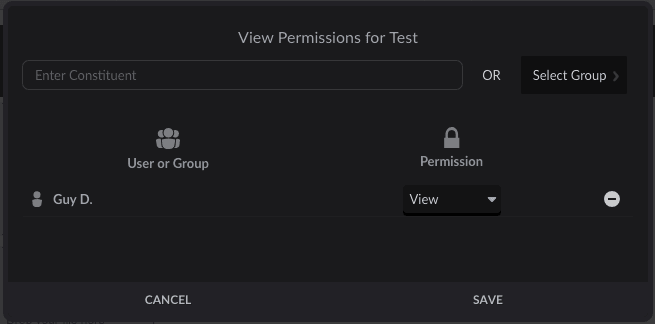 Template View Permissions screen