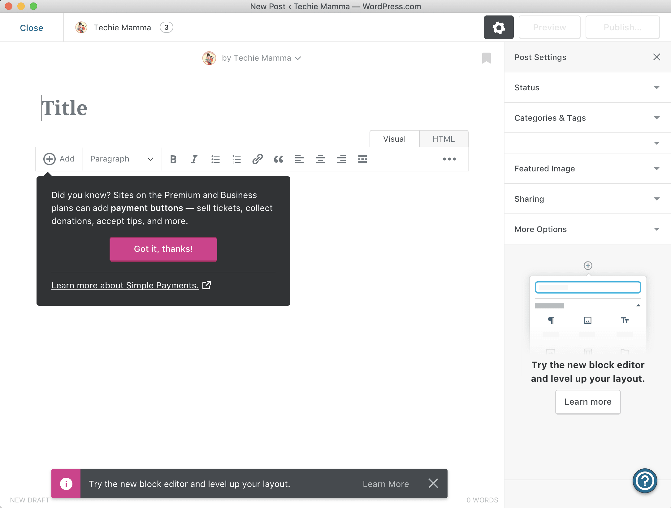 Screenshot of WordPress Mobile App for macOS - New Post Screen